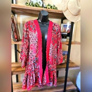 Red Floral Crochet Trim Kimono